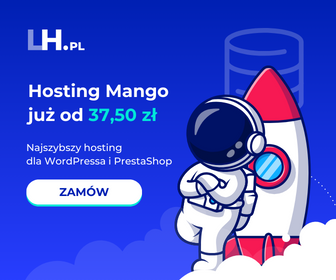 Baner reklamowy LH.pl promujący Hosting Mango z grafiką astronauty i rakiety na niebieskim tle.